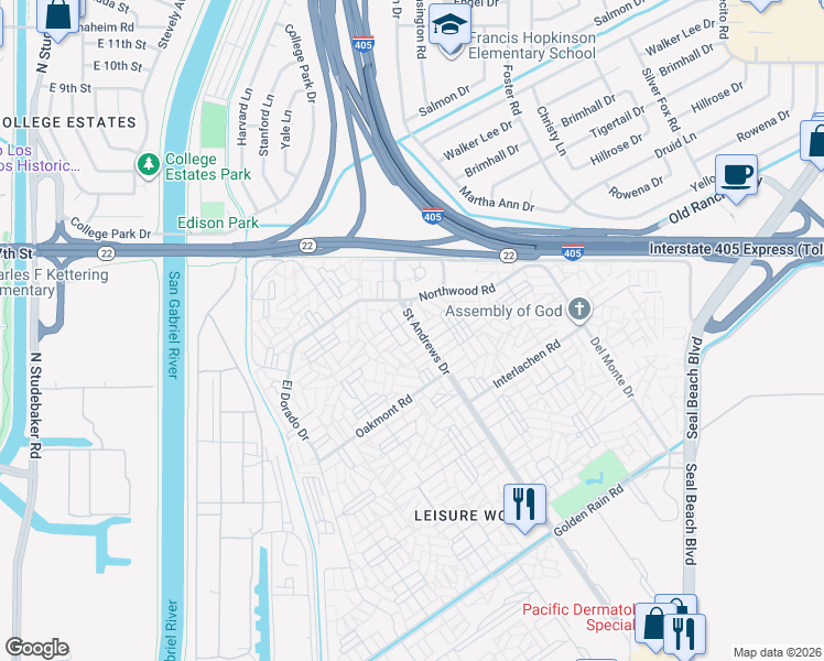 map of restaurants, bars, coffee shops, grocery stores, and more near 13171 Saint Andrews Drive in Seal Beach