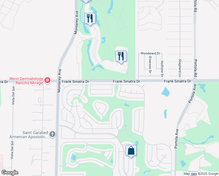 map of restaurants, bars, coffee shops, grocery stores, and more near 73420 Indian Creek Way in Palm Desert