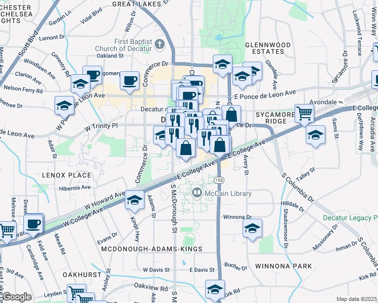map of restaurants, bars, coffee shops, grocery stores, and more near 132 Church Street in Decatur