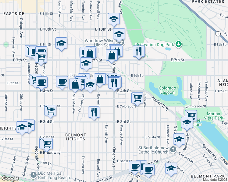 map of restaurants, bars, coffee shops, grocery stores, and more near E 4th St & Ximeno Ave in Long Beach