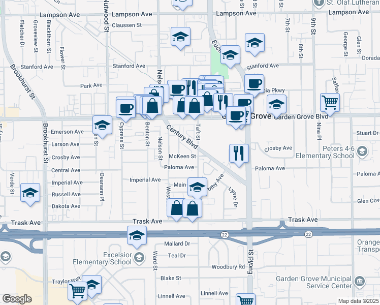 map of restaurants, bars, coffee shops, grocery stores, and more near 10651 Paloma Avenue in Garden Grove