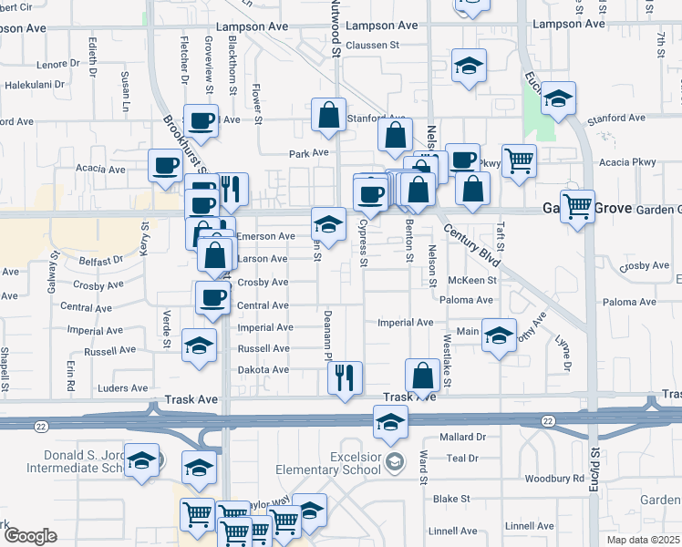 map of restaurants, bars, coffee shops, grocery stores, and more near 13204 Adland Street in Garden Grove