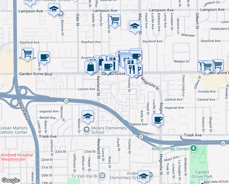 map of restaurants, bars, coffee shops, grocery stores, and more near 13175 Creek View Drive in Garden Grove