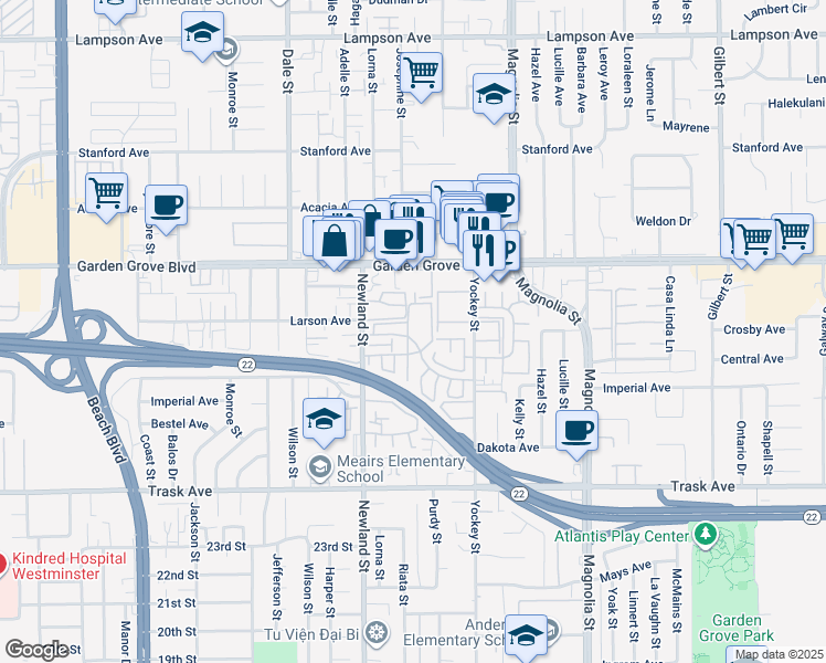 map of restaurants, bars, coffee shops, grocery stores, and more near 13175 Creek View Drive in Garden Grove