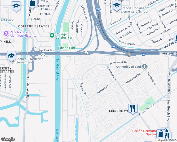 map of restaurants, bars, coffee shops, grocery stores, and more near 13261 Southport Lane in Seal Beach