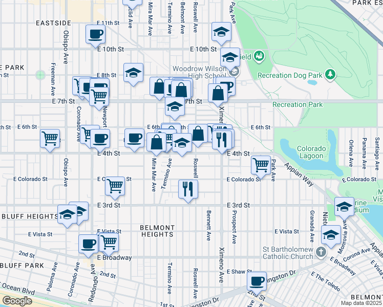 map of restaurants, bars, coffee shops, grocery stores, and more near 4000 East 4th Street in Long Beach