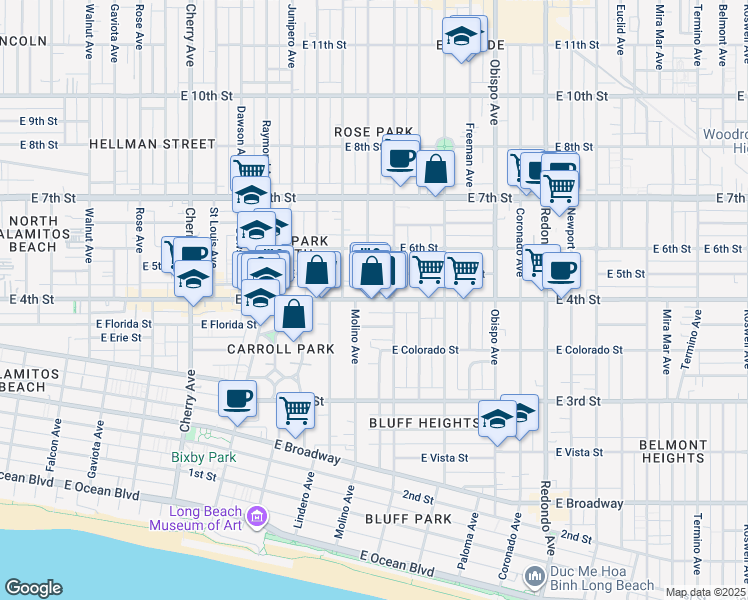 map of restaurants, bars, coffee shops, grocery stores, and more near 2749 East De Soto Street in Long Beach