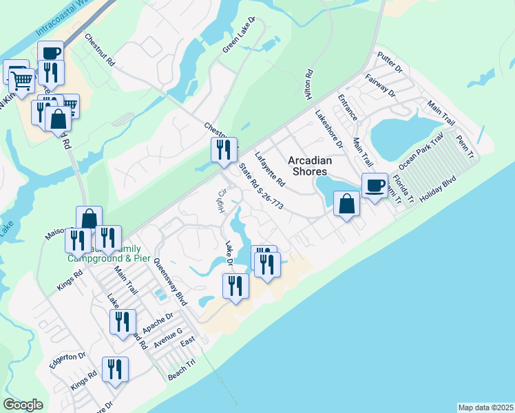map of restaurants, bars, coffee shops, grocery stores, and more near 203 Baslow Court in Myrtle Beach