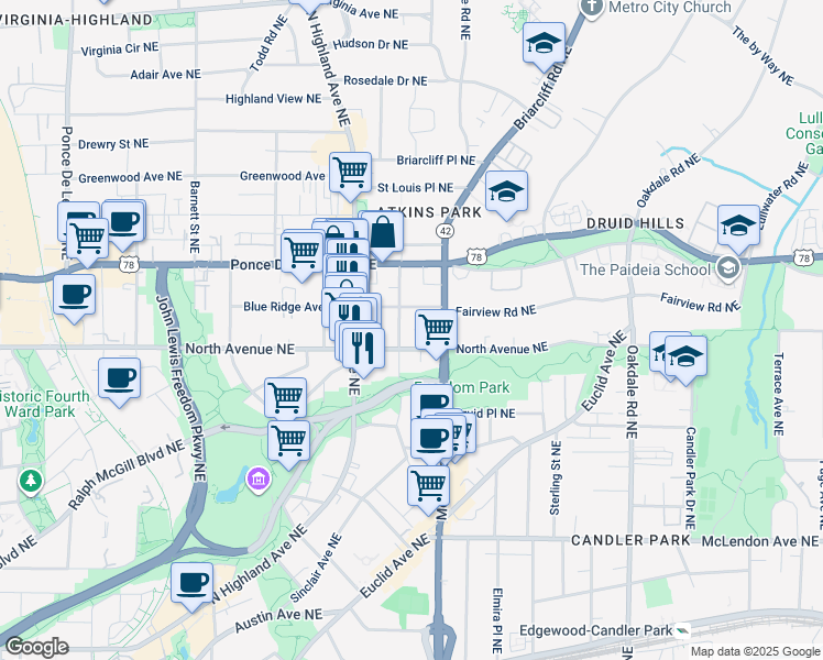 map of restaurants, bars, coffee shops, grocery stores, and more near 608 Seminole Avenue Northeast in Atlanta