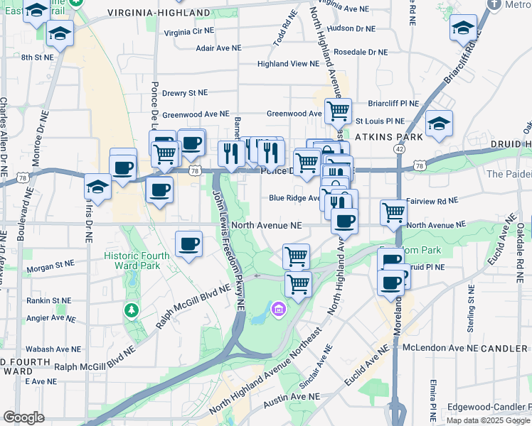 map of restaurants, bars, coffee shops, grocery stores, and more near in Atlanta