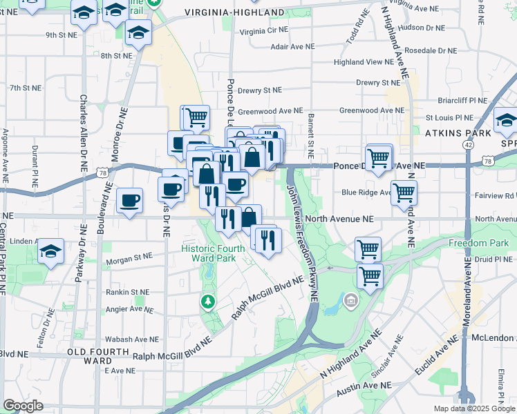 map of restaurants, bars, coffee shops, grocery stores, and more near 795 North Avenue Northeast in Atlanta
