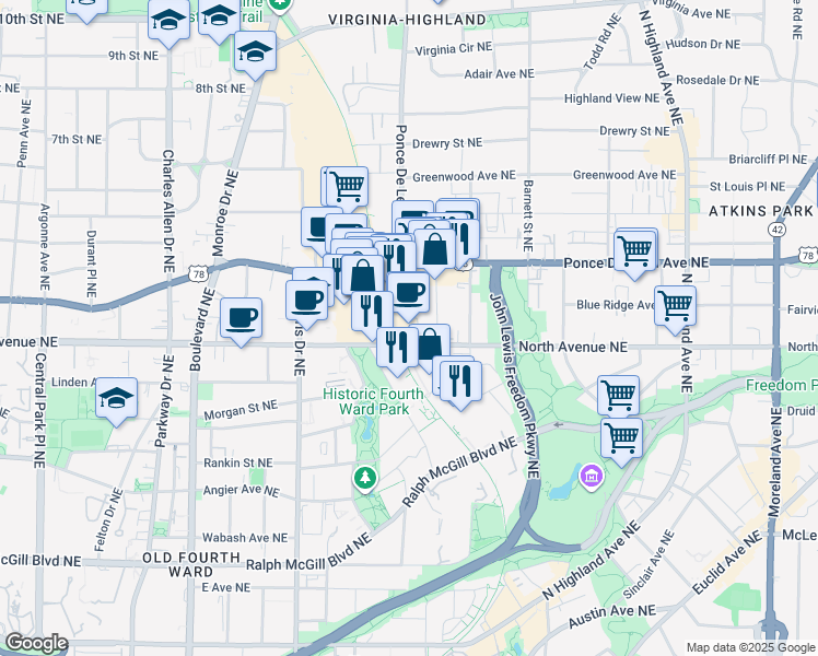 map of restaurants, bars, coffee shops, grocery stores, and more near 755 North Avenue Northeast in Atlanta