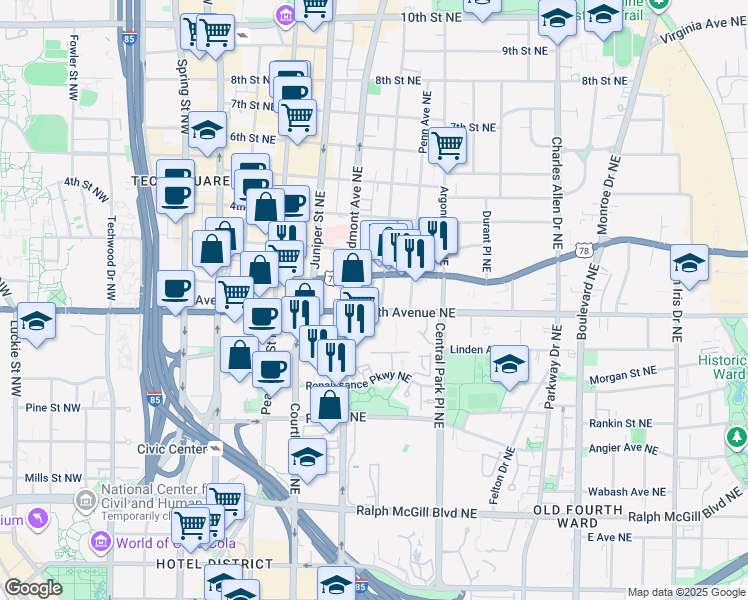 map of restaurants, bars, coffee shops, grocery stores, and more near 105 North Avenue Northeast in Atlanta