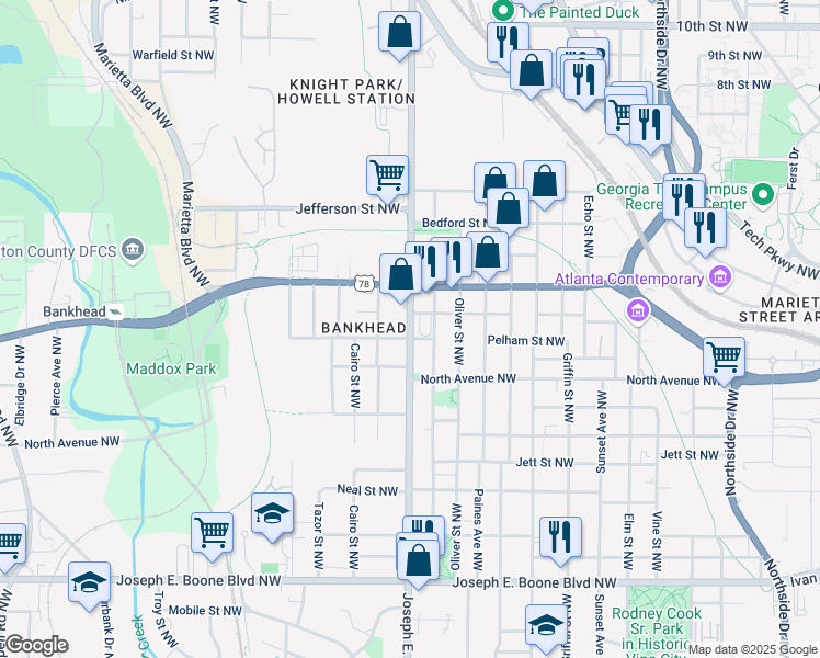 map of restaurants, bars, coffee shops, grocery stores, and more near 593 Joseph E. Lowery Boulevard Northwest in Atlanta