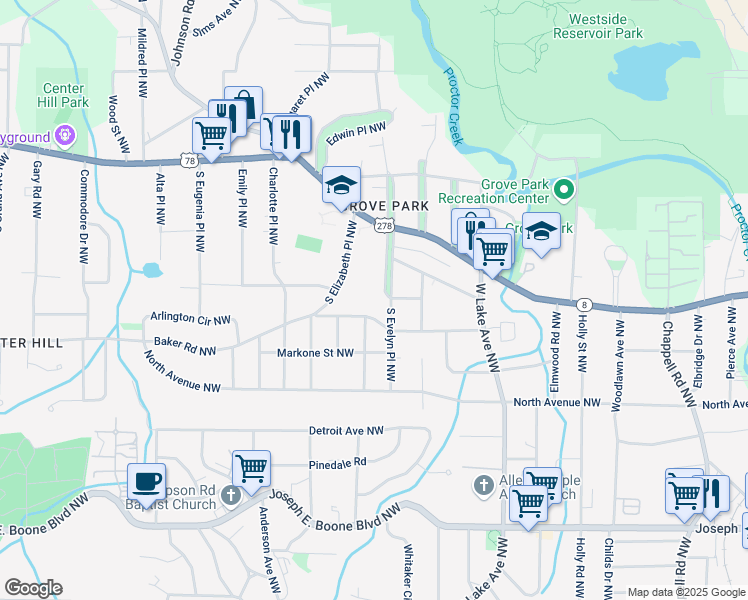 map of restaurants, bars, coffee shops, grocery stores, and more near 608 South Evelyn Place Northwest in Atlanta