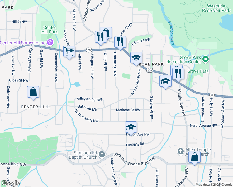 map of restaurants, bars, coffee shops, grocery stores, and more near 614 Charlotte Place Northwest in Atlanta