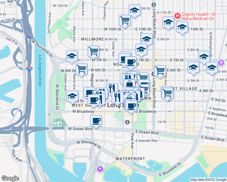 map of restaurants, bars, coffee shops, grocery stores, and more near Cedar Avenue & West 4th Street in Long Beach