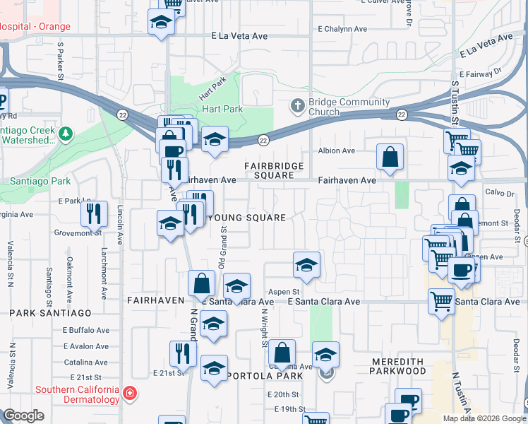 map of restaurants, bars, coffee shops, grocery stores, and more near 2624 Forest Lake in Santa Ana