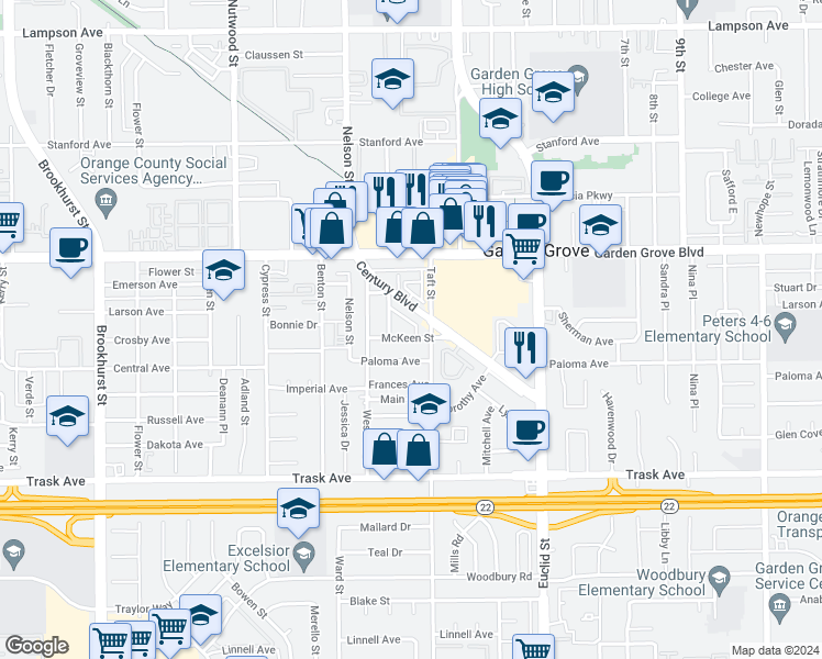map of restaurants, bars, coffee shops, grocery stores, and more near 10691 McKeen Street in Garden Grove