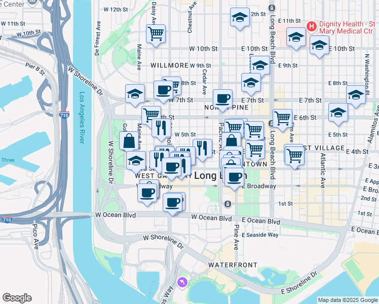 map of restaurants, bars, coffee shops, grocery stores, and more near W 4th St & Chestnut Ave in Long Beach