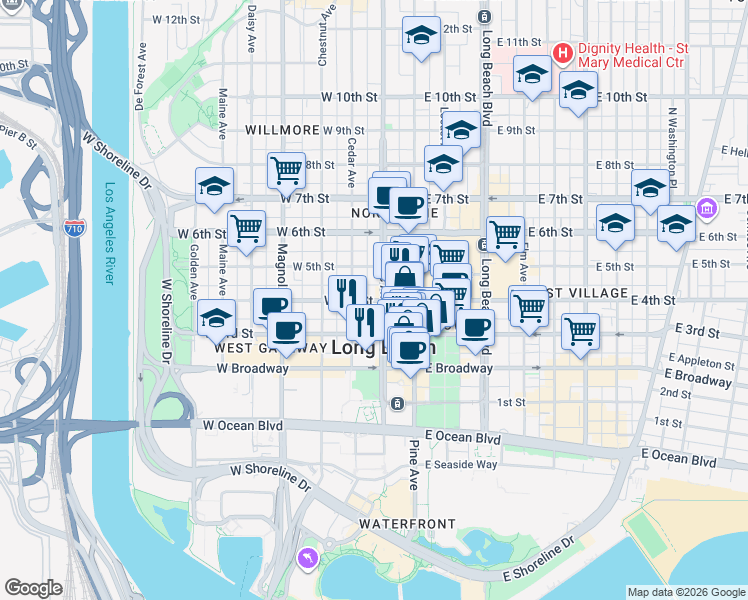 map of restaurants, bars, coffee shops, grocery stores, and more near 215 West 4th Street in Long Beach