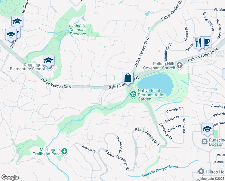 map of restaurants, bars, coffee shops, grocery stores, and more near 42 Hitching Post Drive in Rolling Hills Estates