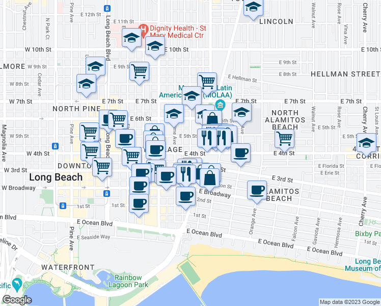 map of restaurants, bars, coffee shops, grocery stores, and more near East 4th Street & Olive Avenue in Long Beach