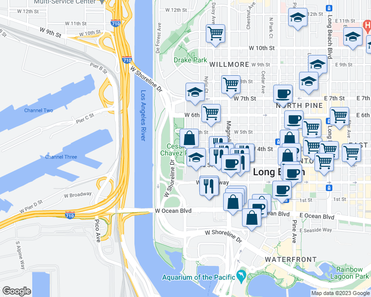 map of restaurants, bars, coffee shops, grocery stores, and more near West 4th Street & Golden Avenue in Long Beach