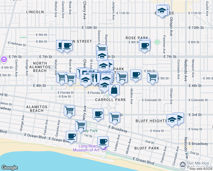 map of restaurants, bars, coffee shops, grocery stores, and more near E 4th St & Junipero Ave in Long Beach