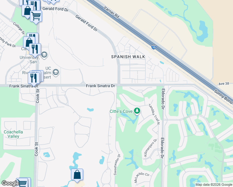 map of restaurants, bars, coffee shops, grocery stores, and more near Tandika Trail North & Sweetwater Drive in Palm Desert