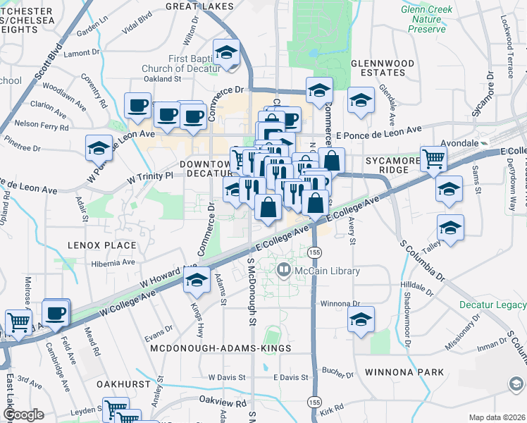 map of restaurants, bars, coffee shops, grocery stores, and more near 112 Church Street in Decatur