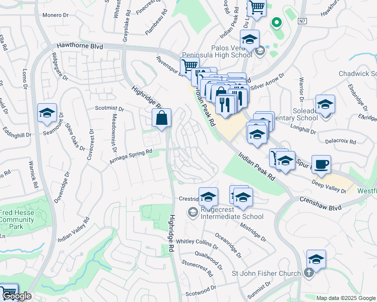 map of restaurants, bars, coffee shops, grocery stores, and more near 44 Cypress Way in Rolling Hills Estates