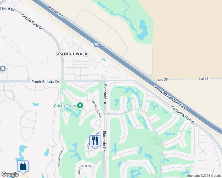 map of restaurants, bars, coffee shops, grocery stores, and more near 38180 Zinnia Lane East in Palm Desert