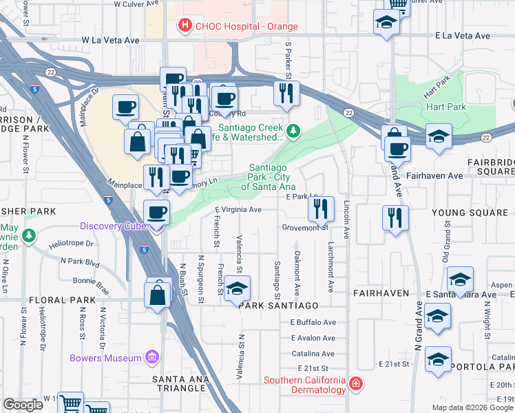 map of restaurants, bars, coffee shops, grocery stores, and more near 529 East Virginia Avenue in Santa Ana