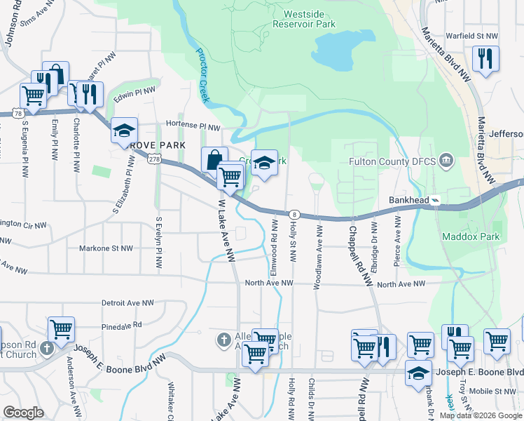 map of restaurants, bars, coffee shops, grocery stores, and more near 1566 Donald Lee Hollowell Parkway Northwest in Atlanta