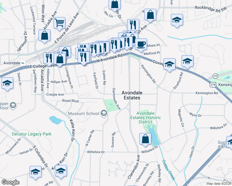 map of restaurants, bars, coffee shops, grocery stores, and more near 40 Dartmouth Avenue in Avondale Estates