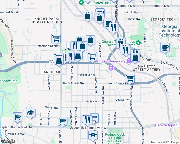 map of restaurants, bars, coffee shops, grocery stores, and more near 625 Chestnut Street Northwest in Atlanta