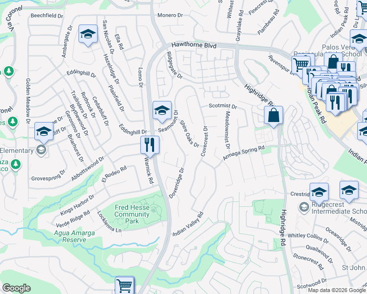map of restaurants, bars, coffee shops, grocery stores, and more near 28812 Doverridge Drive in Rancho Palos Verdes