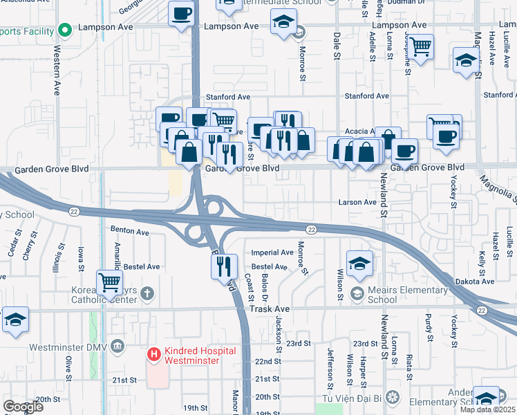 map of restaurants, bars, coffee shops, grocery stores, and more near 8042 Larson Avenue in Garden Grove