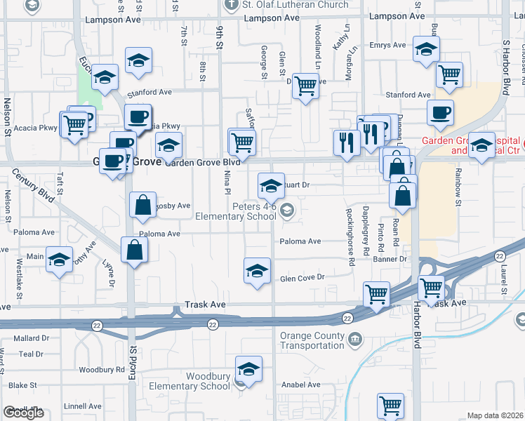 map of restaurants, bars, coffee shops, grocery stores, and more near 13162 Newell Street in Garden Grove