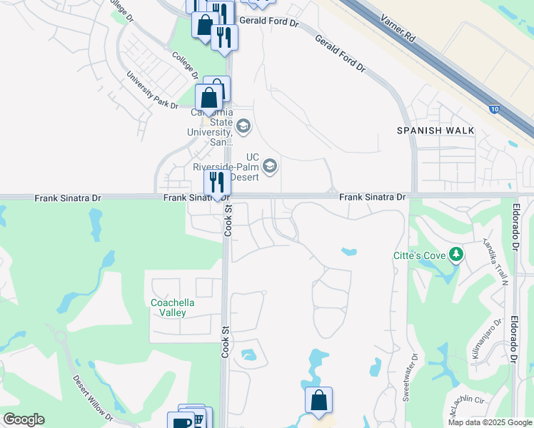 map of restaurants, bars, coffee shops, grocery stores, and more near 404 Links Drive in Palm Desert
