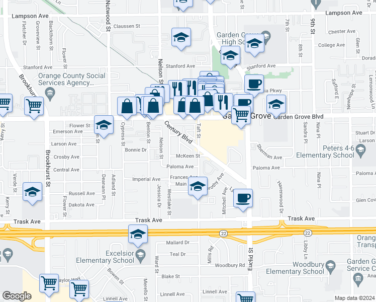 map of restaurants, bars, coffee shops, grocery stores, and more near 10681 McKeen Street in Garden Grove