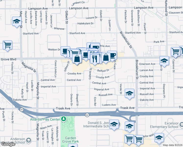map of restaurants, bars, coffee shops, grocery stores, and more near 13142 Galway Street in Garden Grove