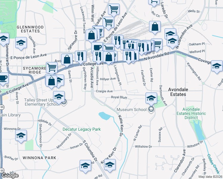 map of restaurants, bars, coffee shops, grocery stores, and more near 2762 Craigie Avenue in Decatur