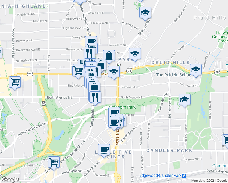 map of restaurants, bars, coffee shops, grocery stores, and more near Moreland Ave in Atlanta