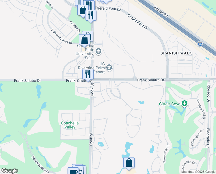 map of restaurants, bars, coffee shops, grocery stores, and more near 404 Links Drive in Palm Desert