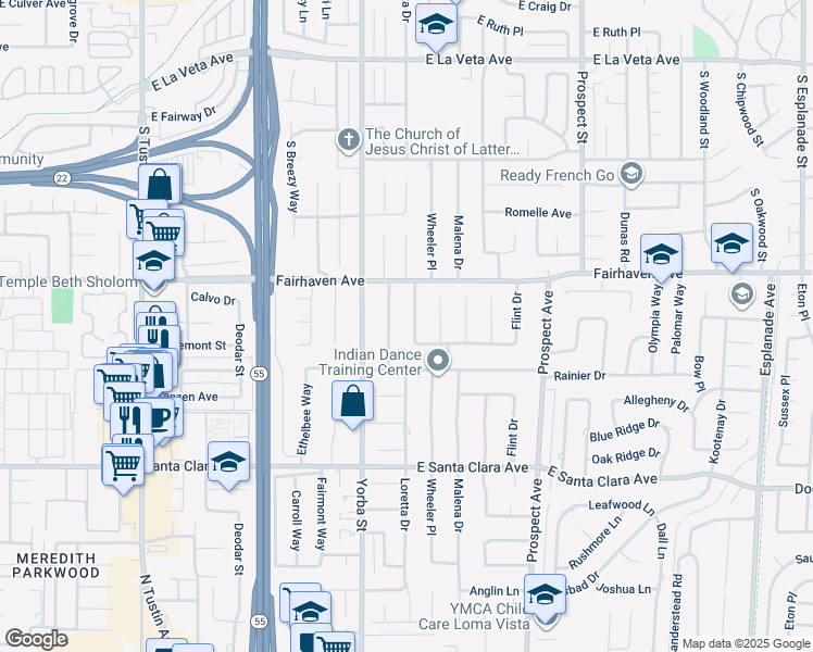 map of restaurants, bars, coffee shops, grocery stores, and more near 13091 Loretta Drive in Santa Ana