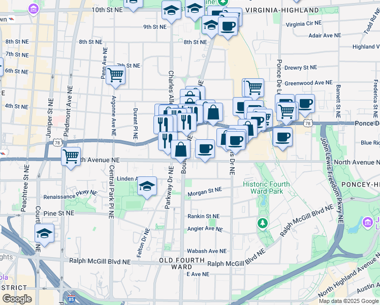 map of restaurants, bars, coffee shops, grocery stores, and more near 629 Boulevard Northeast in Atlanta