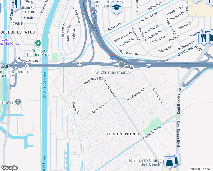 map of restaurants, bars, coffee shops, grocery stores, and more near 13171 Saint Andrews Drive in Seal Beach