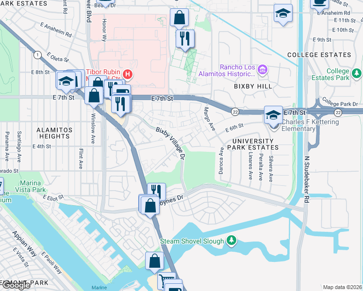 map of restaurants, bars, coffee shops, grocery stores, and more near South Greenway Street in Long Beach